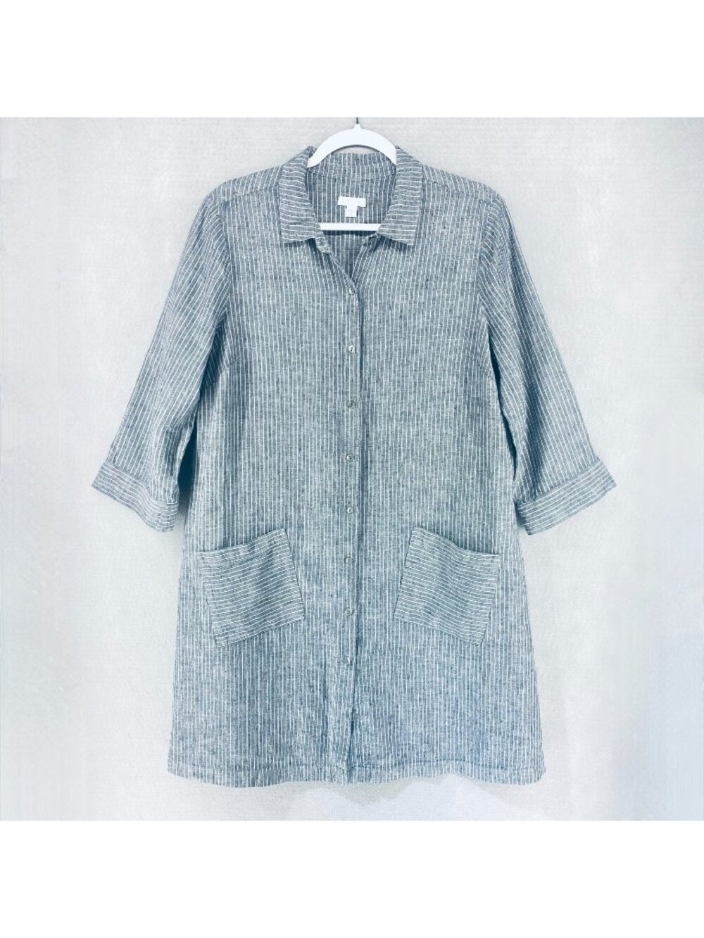 J Jill Love Linen Dress M Gray Stripe Button Up Collared Midi Costal Chambray